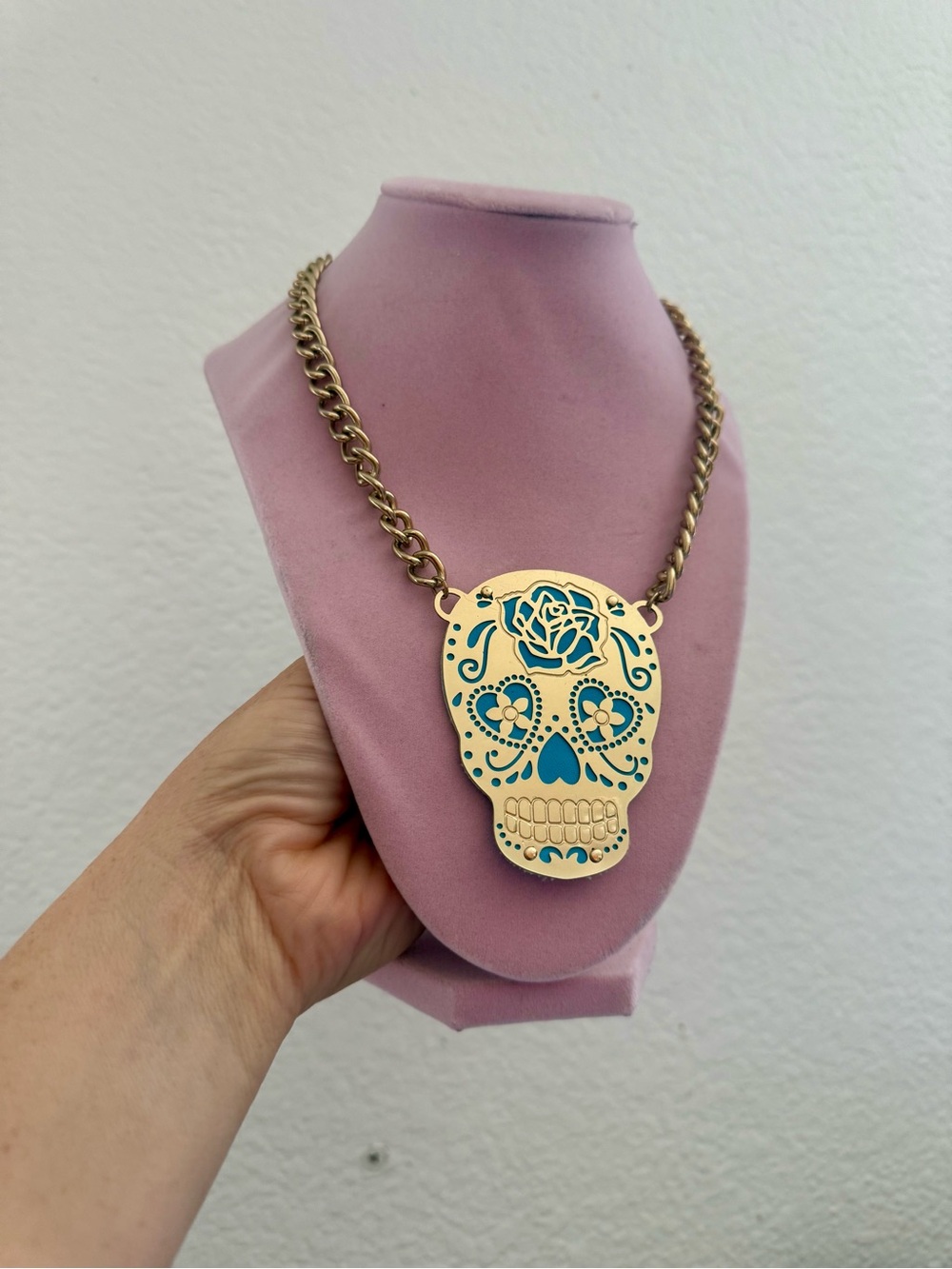 Betsey Johnson Gold Tone Sugar Skull Necklace with Teal Details